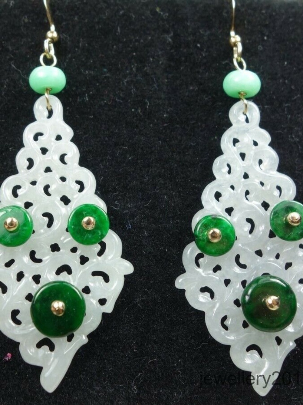 Certified Icy white+Green 100% Natural A jadeite jade Earring 14K 镂空雕花 耳坠
